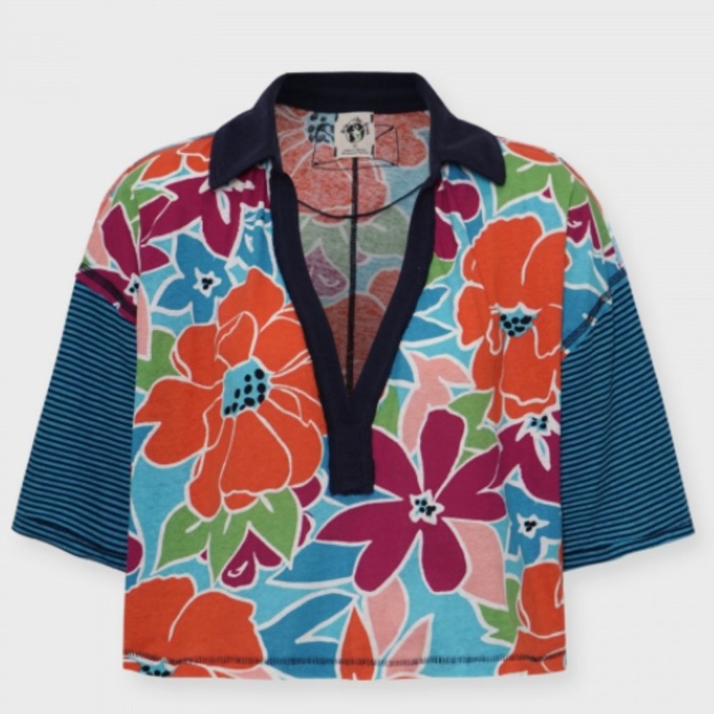 NWT Free People Floral Striped Collared On A Boat Boxy Crop Polo Shirt - Picture 5 of 9